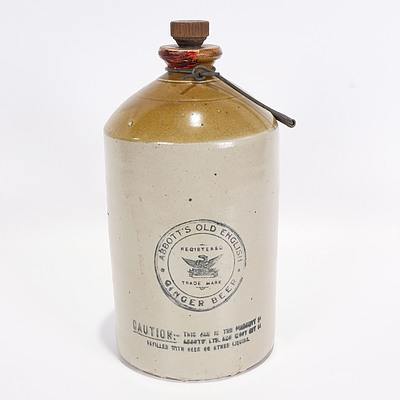 Abbott's Old English Ginger Beer Stoneware Phoenix Gallon Demijohn, Two Tone with Stopper and Bendigo Pottery Mark to Reverse