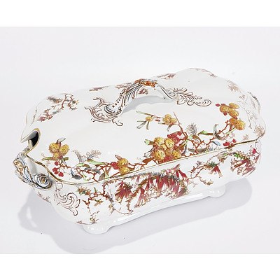 Very Rare Royal Doulton Burslem 'Wattle' Tureen with Lid, Hand Coloured On Brown Base, R/N188388 C.1900. Marked F & G & Co, Sydney