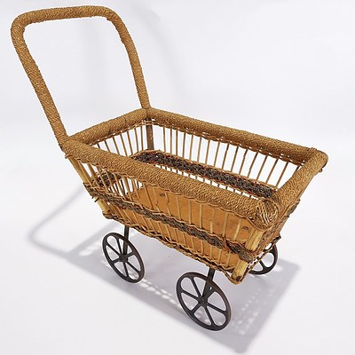 Wicker Dolls Pram, with Wooden Base and Original Metal Wheels