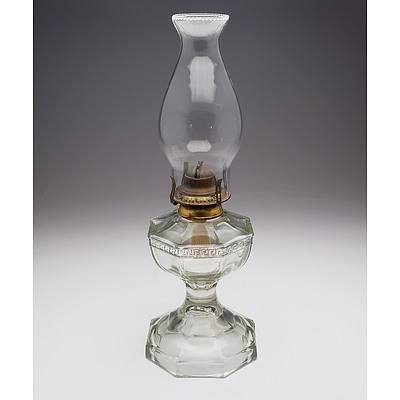 Clear Pressed Depression Glass Greek Key Pattern Table Oil Lamp (See Matching Lamps 71 and 72 which Together Make a Rare Set of 3)