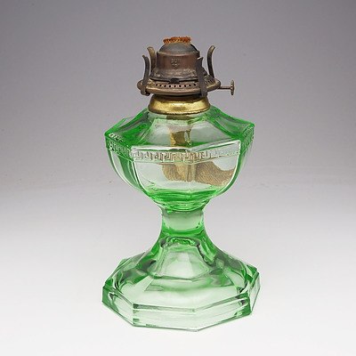 Green Pressed Depression Glass Greek Key Pattern Table Oil Lamp (See Matching Lamps 70 and 72 which Together Make a Rare Set of 3)