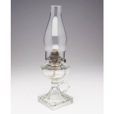 Clear Pressed Depression Glass Greek Key Pattern Table Oil Lamp with Handle and Square Base