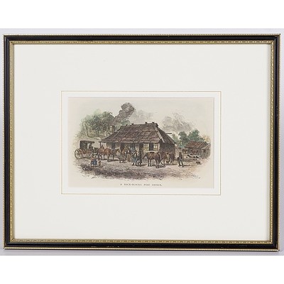  'A Back Blocks Post Office', Framed Hand-Coloured Wood Engraving By Topographical Illustrator W Macleod From Picturesque Atlas of Australasia, Published Sydney 1886-89