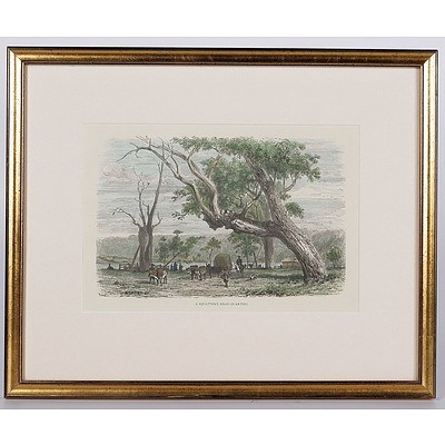  'A Squatter's Head-Quarters', Framed Hand Coloured Wood Engraving Published C.1880