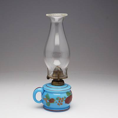 Blue Custard Glass Finger Oil Lamp with Hand Painted Flowers