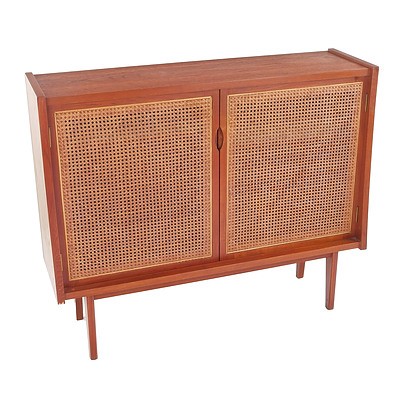 Retro Teak Veneer Cabinet with Rattan doors
