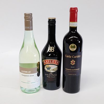 Three Bottles of Wine and Liquor including Corte Carista 2015 Chianti Superoire From Italy, Baileys, Margaret River 2018 Sauvigon Blanc Semillon