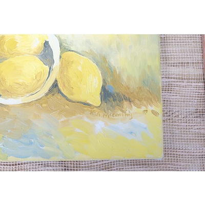 Robert Cox (1934-2001) Rose Vase Floral Still Life Oil on Board, E Austin Australian Scene, K.A. McCarthy Lemons