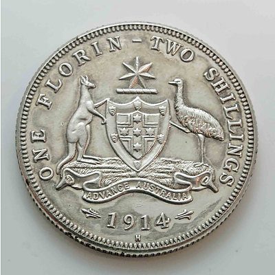 Australia: Sterling Silver Florin 1914H Very Rare!