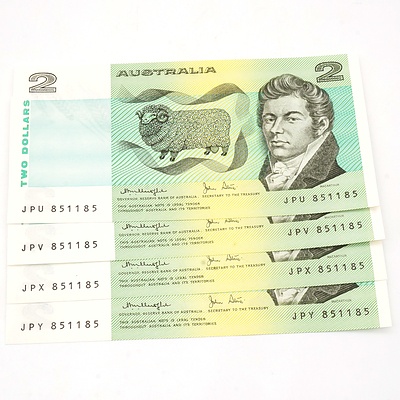 Four Australian Knight/ Stone $2 Notes, JPU 851185, JPV 851185, JPX 851185, JPY 851185