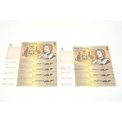Nine Consecutively Numbered Australian Johnston/ Stone $1 Notes, DLV 176594 - DLV 176602