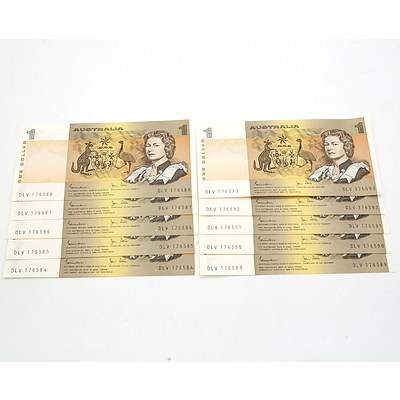 Ten Consecutively Numbered Australian Johnston/ Stone $1 Notes, DLV 176584 - DLV 176593