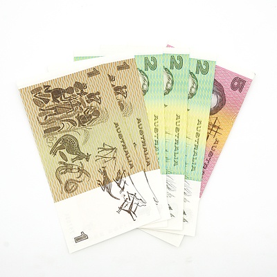 Six Australian Notes, Including Three Johnston/ Stone $2 LHP 223071 - LHP 223073, Two Johnston/ Stone $1 DLV 297093- DLV 297094 and Fraser/ Higgins $1 Note QDL 280211