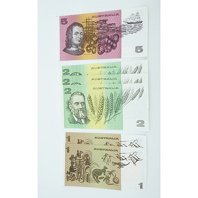 Six Australian Notes, Including Three Johnston/ Stone $2 LHP 223071 - LHP 223073, Two Johnston/ Stone $1 DLV 297093- DLV 297094 and Fraser/ Higgins $1 Note QDL 280211