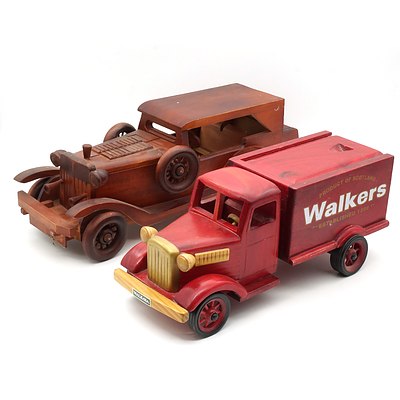 Two Handcrafted Stained Pine Cars