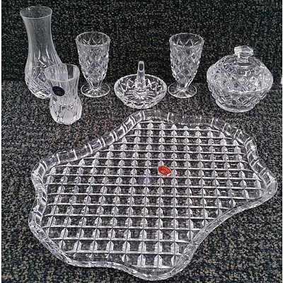 7 Pieces of Lead Crystalware Including: Serving Platter, Sugar Bowl with Lid, Shot Glasses and More.