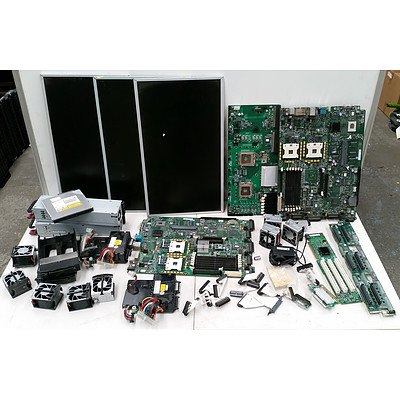 Bulk Box of Assorted IT items Including: Screens, Motherboards, Power Supplies, Fans, Hard Drive Caddys and More