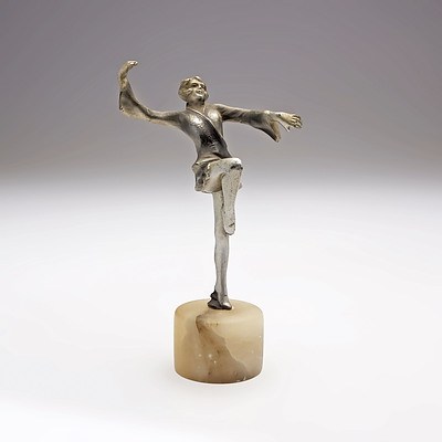 Art Deco Cold Painted Metal Figure of Dancer on an Alabaster Socle Circa 1920s