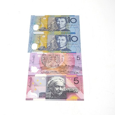 Four Australian Polymer Banknotes, Including First Prefix 2002 $10 Notes AA02172601