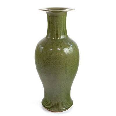 Large Vintage Chinese Celadon Vase Carved with Peony and Plantain Leaf Lappets Above a Ruyi Band