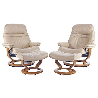 Pair of Ekornes Stressless Beige/Cappucino Leather Upholstered Reclining Armchairs and Footstools - Made in Norway