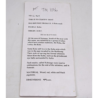 Kete Mask, Kuba People, South East Democratic Republic of Congo, Ex Vittorino Meneghelli Collection