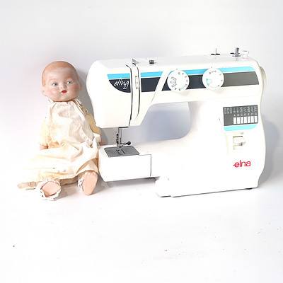 Elna Elina 21 Sewing Machine, and Doll with Porcelain Extremities