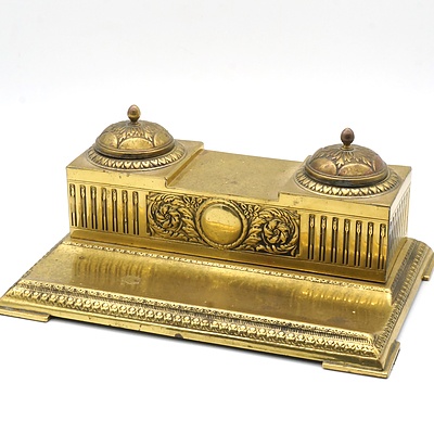 Vintage Brass Desk Tidy with Two Glass Inkwells
