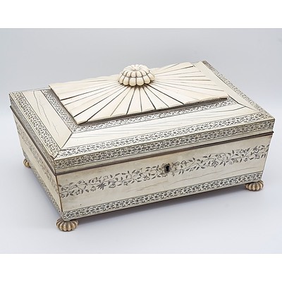 Impressive Anglo Indian Vizagapatam Ivory Embellished Sewing Box, Early to Mid 19th Century
