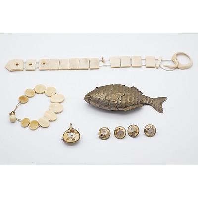 Asian Ivory Bracelets, Articulated Metal Fish Box and Japanese Shibayama Inlaid Ivory Button and Brooch