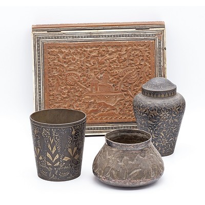 Antique Indo Persian Metal Ware and Sadeli Inlaid Carved Sandalwood Book Cover