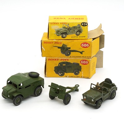 Three Vintage English Dinky Toys 674 Austin Champ, 686 25 Pounder Field Gun, 688 Field Artillery Tracker in Original Boxes
