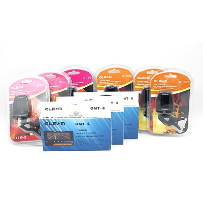 Lot of Nine Guitar Tuners Including Gleam GT-6GB, Gleam GT-6U and Gleam GMT-4 - Brand New
