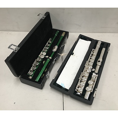Two Flutes with Travel Cases Including Green Masterpiece Entertainer and PF-505 Pearl Flute