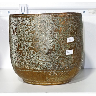Indo Persian Hand Wrought And Chased Brass Jardiniere