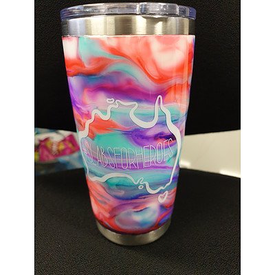 Customised travel mug with #SLABSFORHEROES logo I