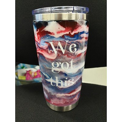 Customised travel mug with #SLABSFORHEROES logo II