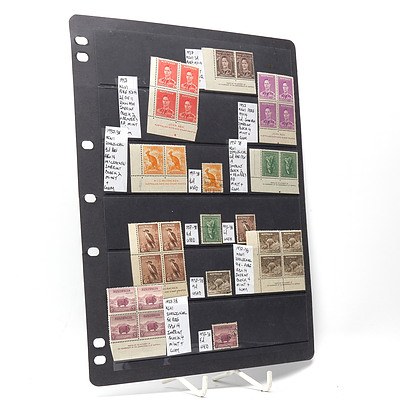 1937-38 Platypus Zoological 9d Block of Four Stamps, 1945 Duke of Gloucester Imprint Block of Four Stamps and More