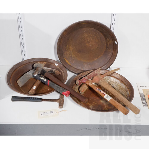 Collection Fossicking Equipment Including Geological Hammer, Pick, Mattock, Three Prospecting Pans