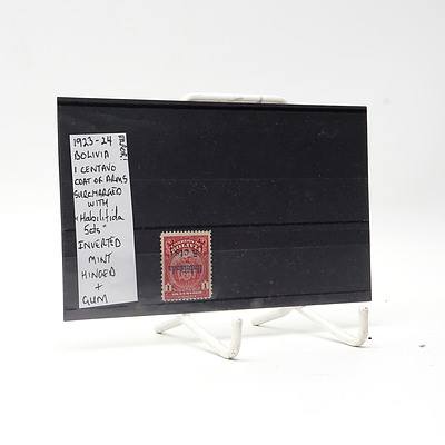 Error 1923-24 Bolivia One Centavo Coat of Arms Surcharged with 'Habilitida 5cts' Inverted Stamp, Hinged and Gum