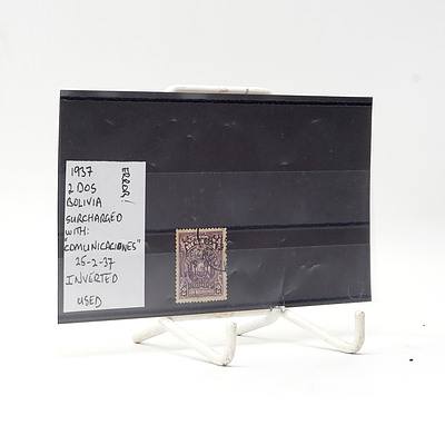 Error 1937 Two Dos Bolivia Surcharged with 'Communicaciones' 25-2-37 Inverted Stamp, Used