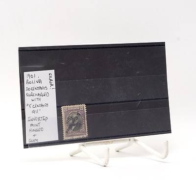 Error 1901 Bolivia Twenty Centavos Surcharged with '5 Centavos 1911' Inverted Stamp, Hinged and Gum