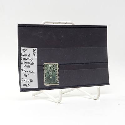 Error Bolivia Two Centavos Surcharged with '5 Centavos 1911' Inverted Stamp, Used