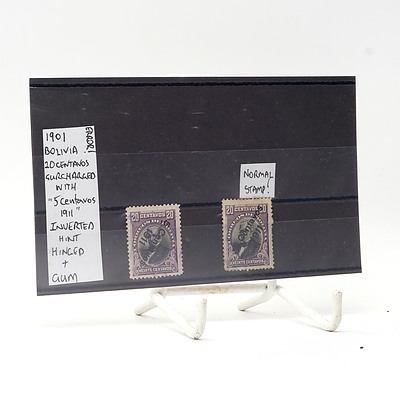 Error 1901 Bolivia Twenty Centavos Surcharge with '5 Centavos 1911' Inverted Stamp and a 'Normal' 1901 Bolivia Twenty Centavos Surcharge with '5 Centavos 1911'