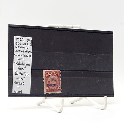 Error 1923-24 Bolivia One Centavo Coat of Arms Surcharge with 'Habilitada 5cts'Inverted Stamp, Hinged and Gum