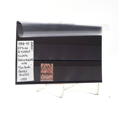 Error 1888-90 Ceylon Queen Victoria Four Cents Surcharged with 'Two Cents' Double Printed Stamp, Used