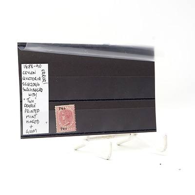 Error 1888-90 Ceylon Queen Victoria Four Cents Surcharged with 'Two' Double Printed Stamp, Hinged and Gum