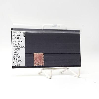 Error 1888-90 Ceylon Queen Victoria Four Cents Surcharged with 'Two' Double Printed and One Inverted Stamp, Used