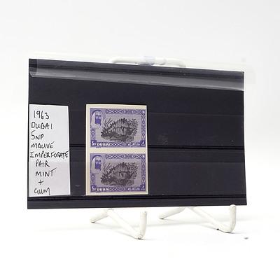 1963 Dubai 5np Mauve Imperfurate Pair of Stamps, Gum