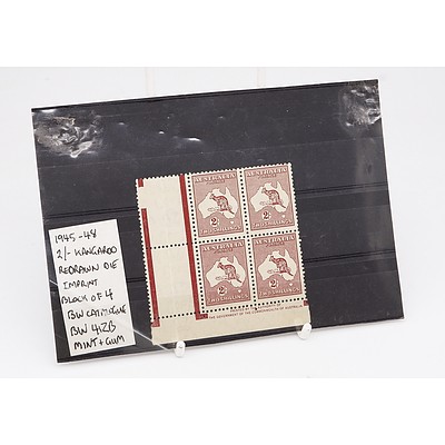 Block of Four 1945-48 2/- Two Shillings Kangaroo Redrawn Die Imprint BW Catalogue BW 41ZB